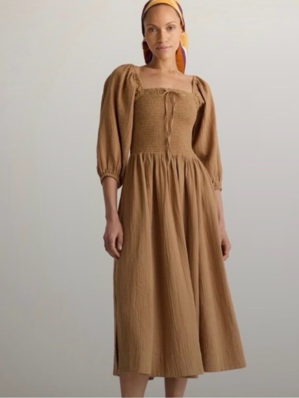 Quince Organic Cotton Gauze Smocked Square Neck Midi Dress XS Toasted Coconut